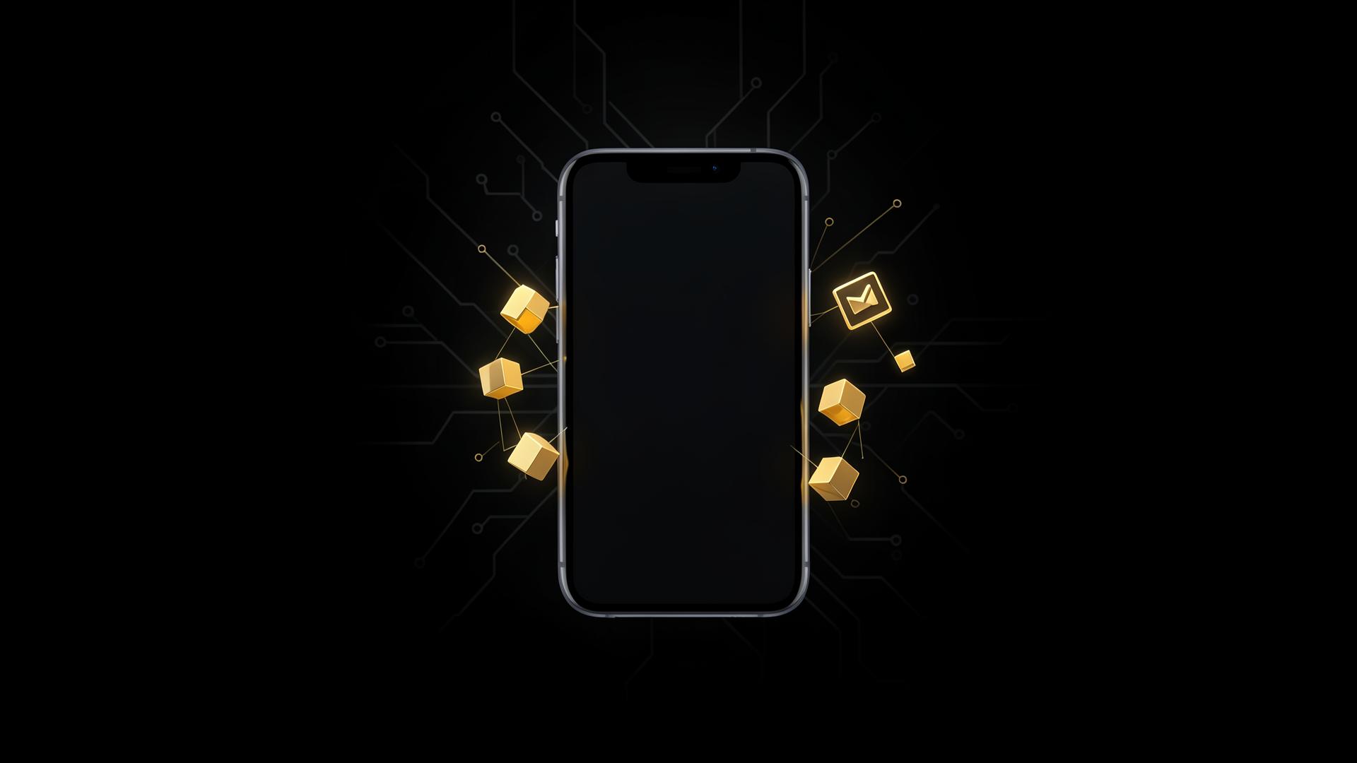 Schwebendes Smartphone-Mockup mit leerem dunklem Screen, umgeben von goldenen würfelartigen Bausteinen, die sich zu App-Icons zusammensetzen – Symbolbild für App-Entwicklung ohne Code