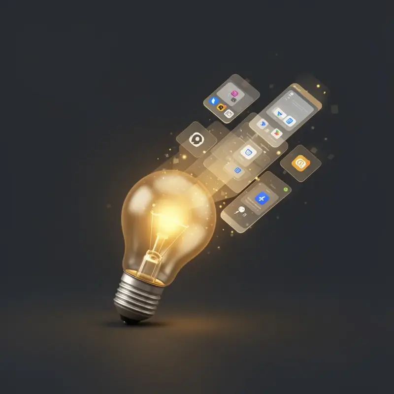 Glühbirne, aus der digitale App-Karten entstehen – Symbol für Idee zu Tool