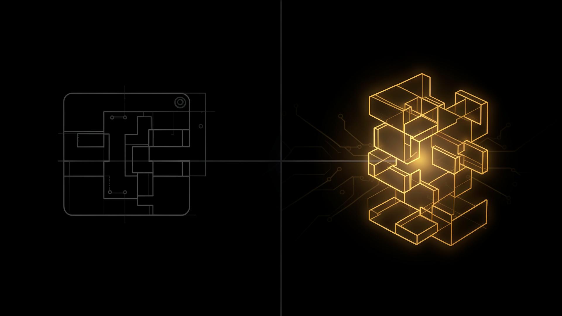 Split-Darstellung: links ein grauer Blaupausen-Bauplan, rechts dieselbe Struktur aus goldenen No-Code-Bausteinen – Symbolbild für Agentur vs. Selbstbau