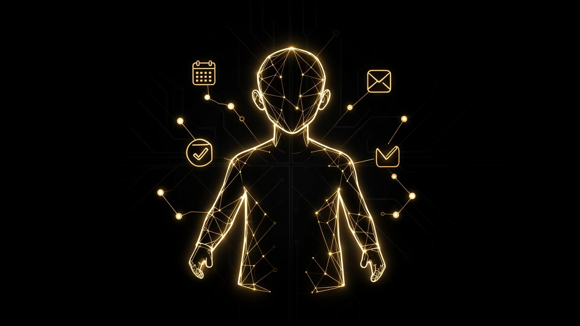 Abstrakte humanoide Silhouette aus goldenen Leuchtlinien, umgeben von vernetzten Aufgaben-Icons wie Kalender, E-Mail und Häkchen – Symbolbild für einen KI-Agenten