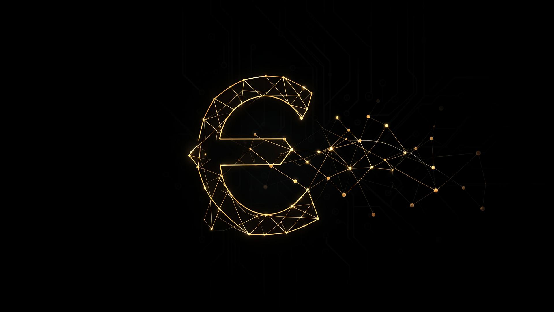 Abstraktes Euro-Symbol aus goldenen Leuchtlinien, das in ein Netzwerk aus Knotenpunkten übergeht – Symbolbild für Geld verdienen mit KI