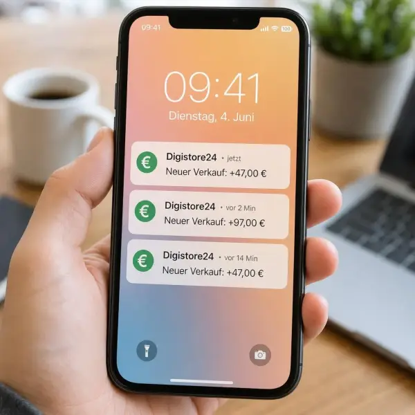 Symbolbild: Smartphone mit beispielhaften Bestellbenachrichtigungen eines digitalen Produkts