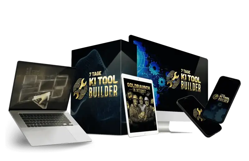 KI Tool Builder – Produktdarstellung auf Laptop, Tablet, Smartphone und Verpackung